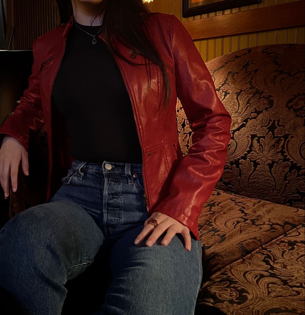 accessorizing a red leather jacket outfit