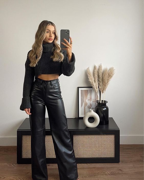 black leather pants outfit ideas 0034