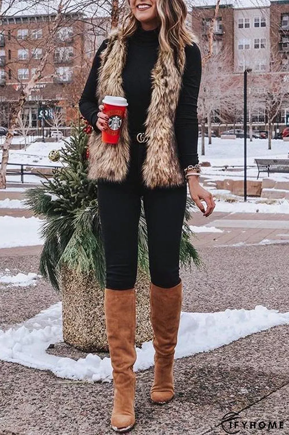 brown fur vest outfit ideas for winter