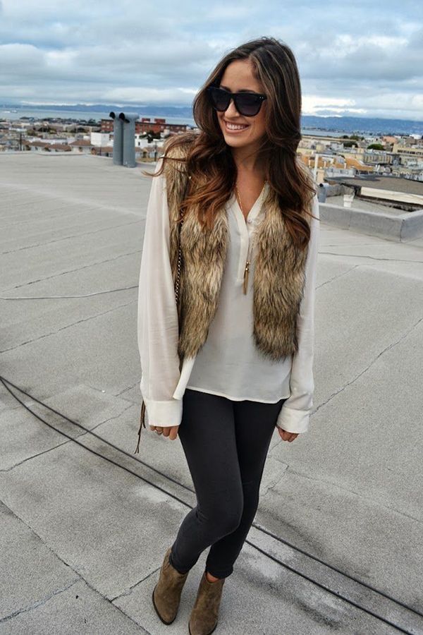 brown fur vest outfit ideas 0025