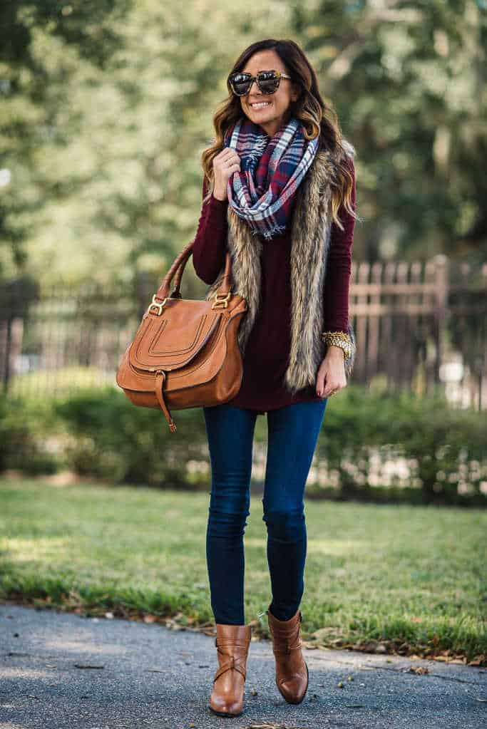 brown fur vest outfit ideas 0029