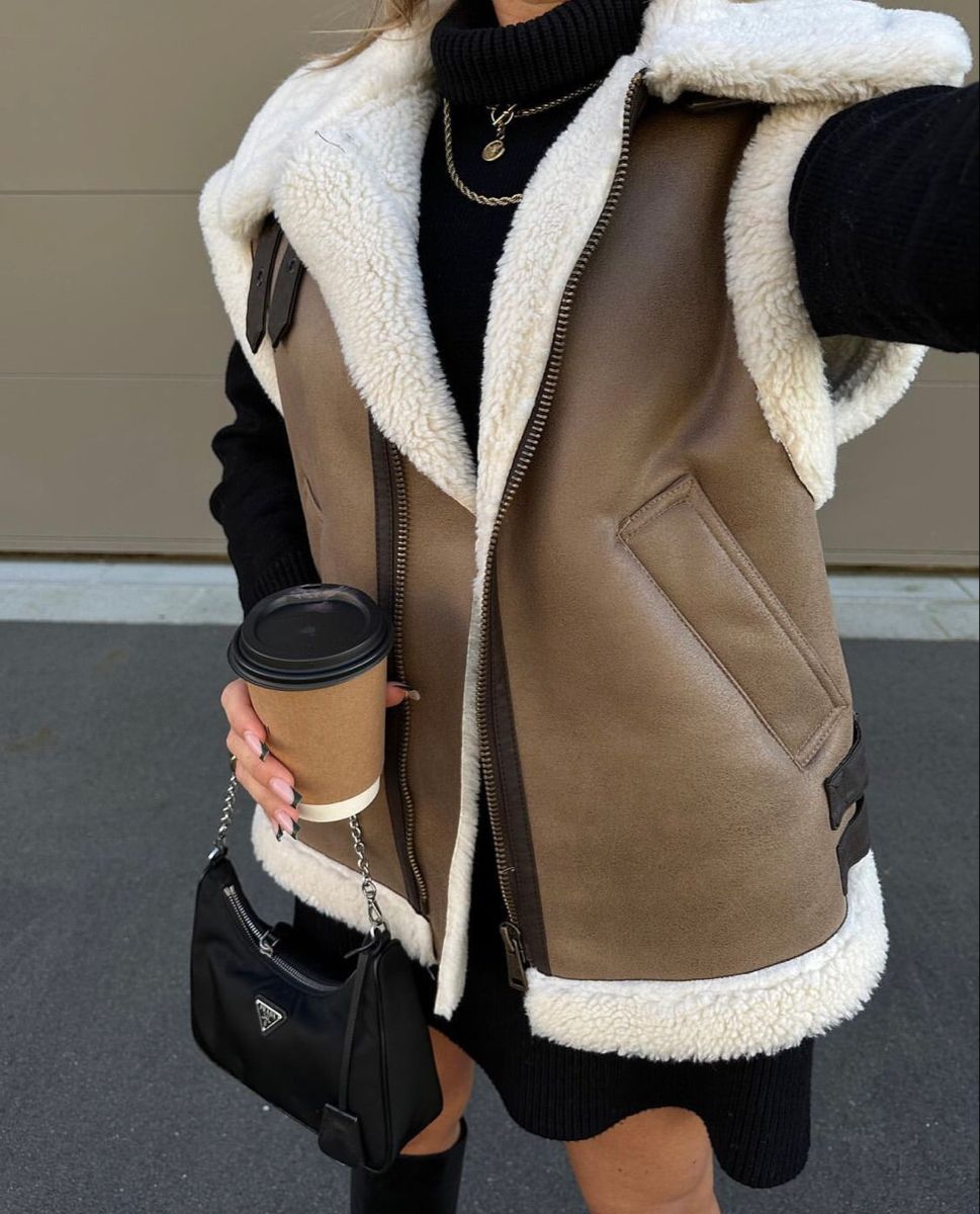 brown fur vest outfit ideas 0048