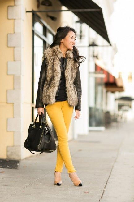 brown fur vest outfit ideas 0060