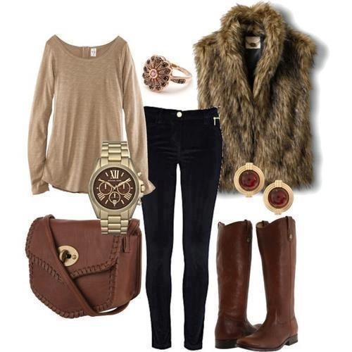 casual outfits incorporating a brown fur vest