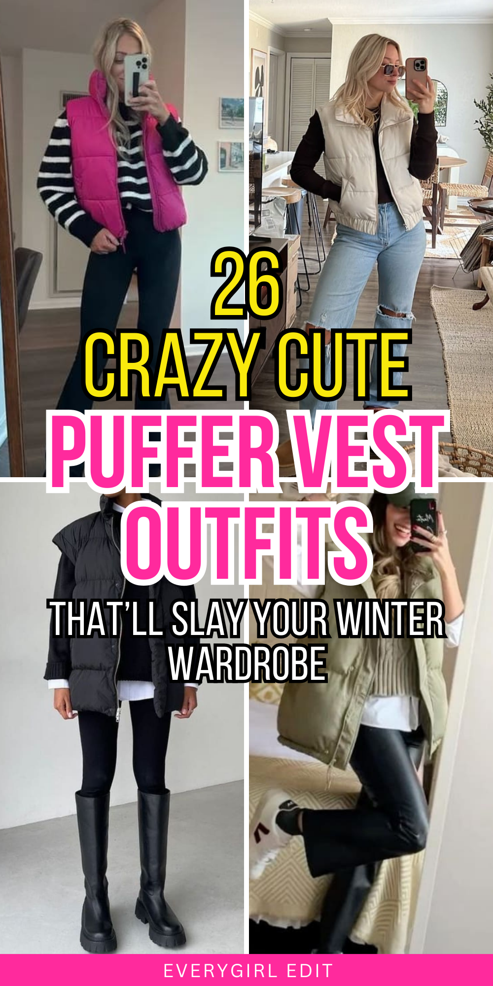 chic long puffer vest outfit combinations