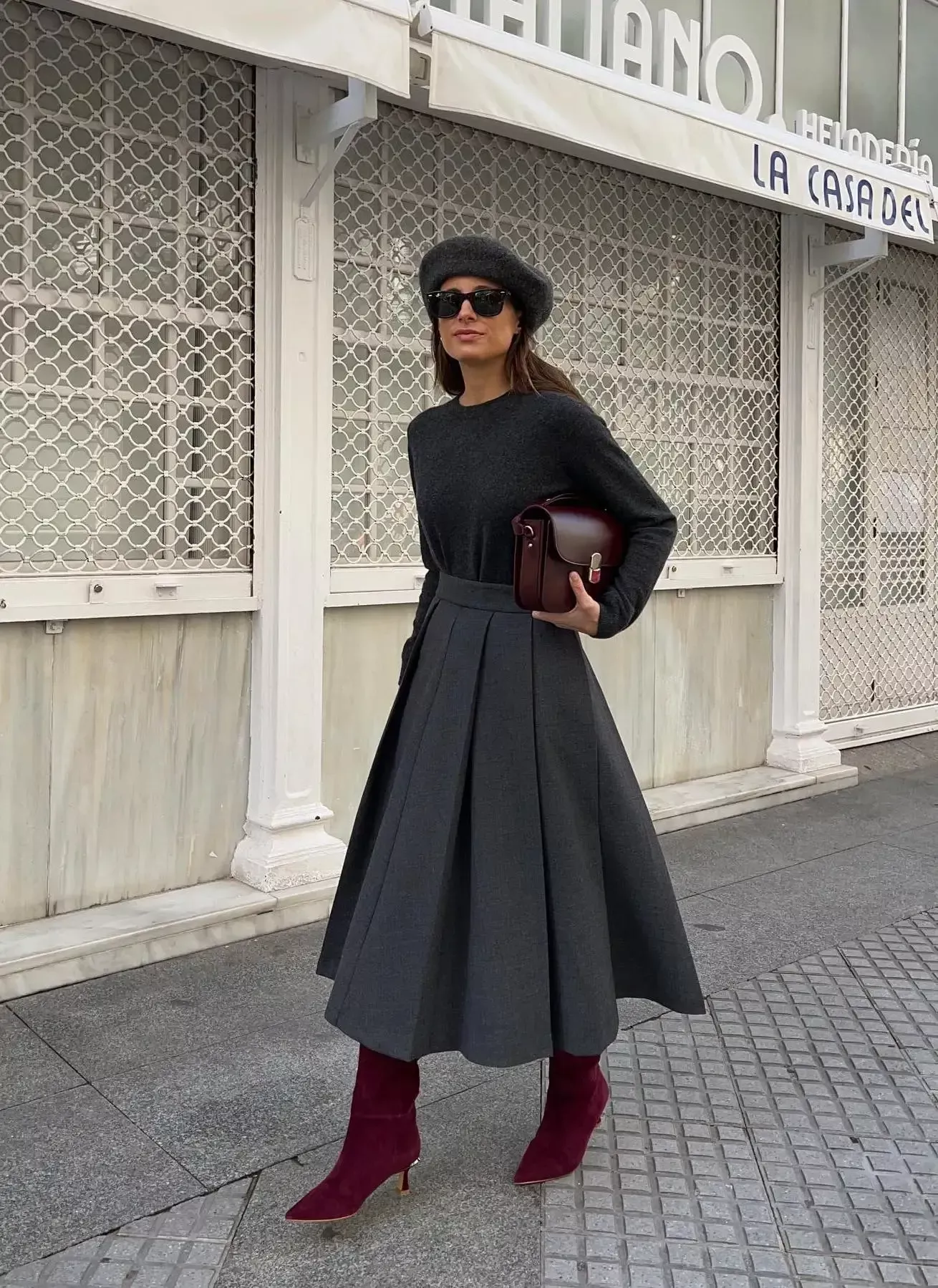 chic outfits with burgundy ankle boots