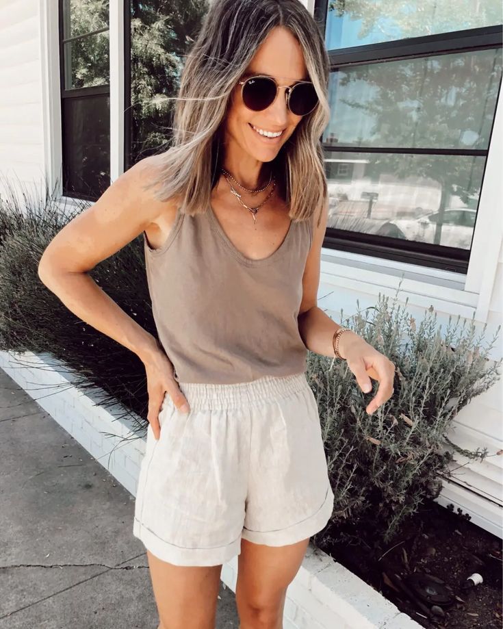 comfy linen shorts outfit ideas for lounging.