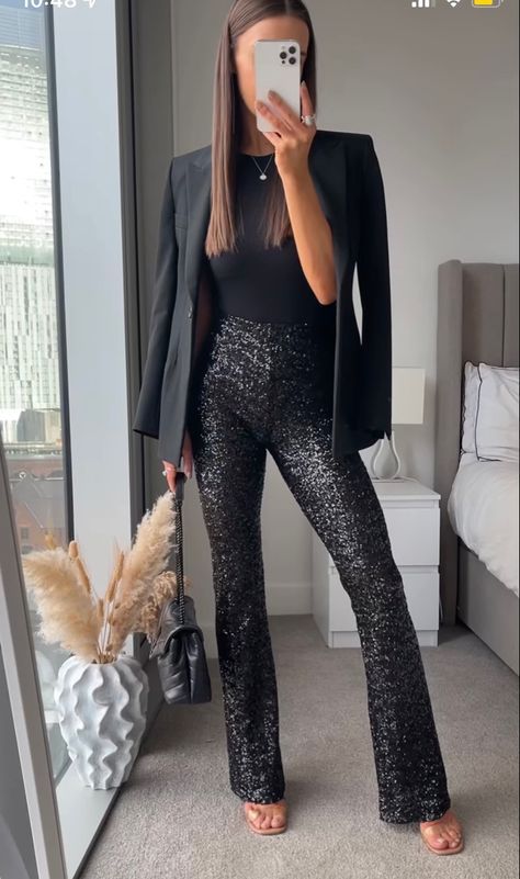 creating casual looks with black sequin pants