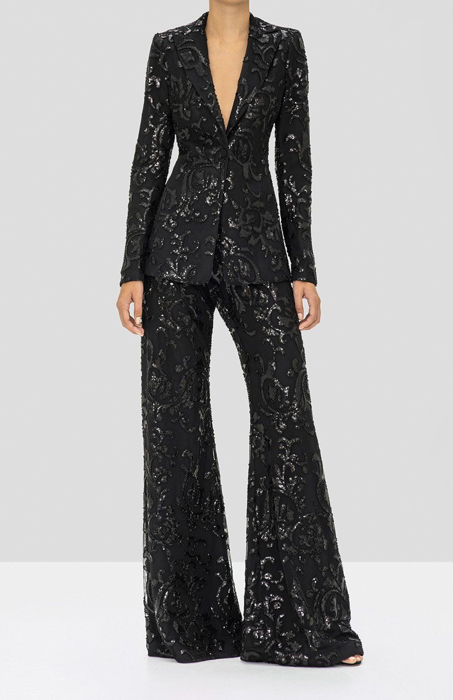 elegant black sequin pants outfit ideas for weddings.