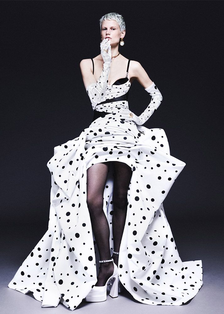 evening looks with a white polka dot dress