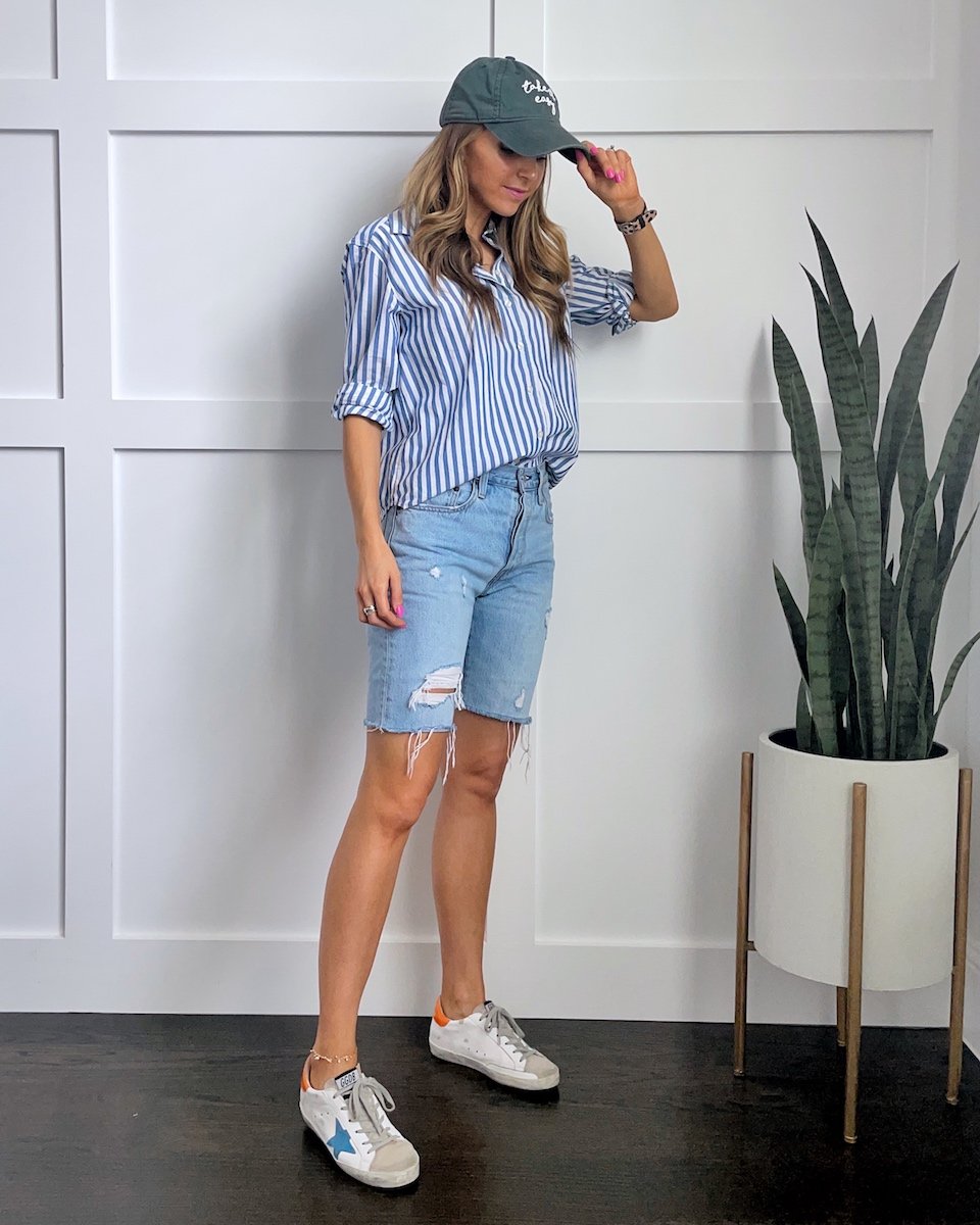 fashionable denim shorts outfit ideas featuring sneakers