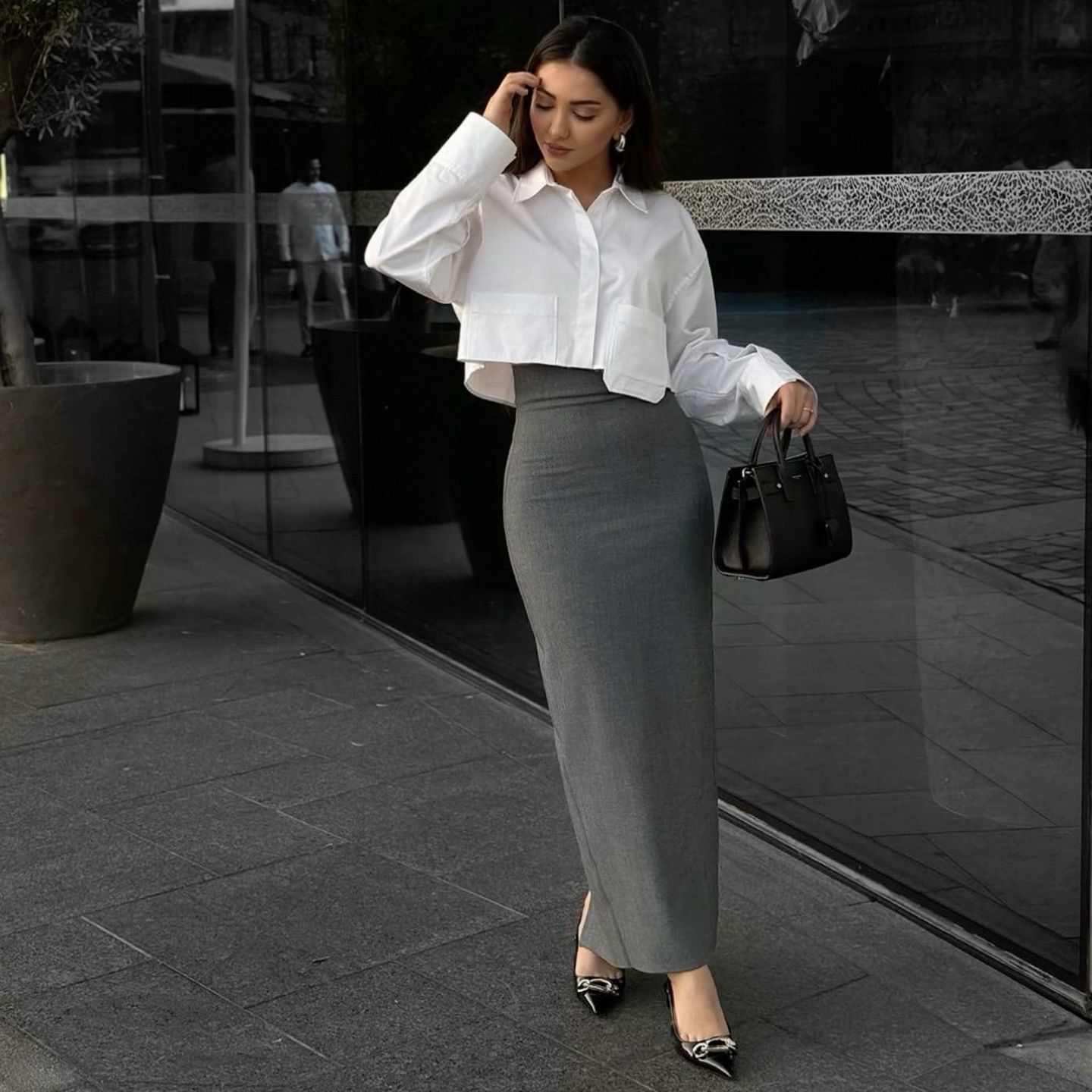 grey pencil skirt outfit ideas 0017