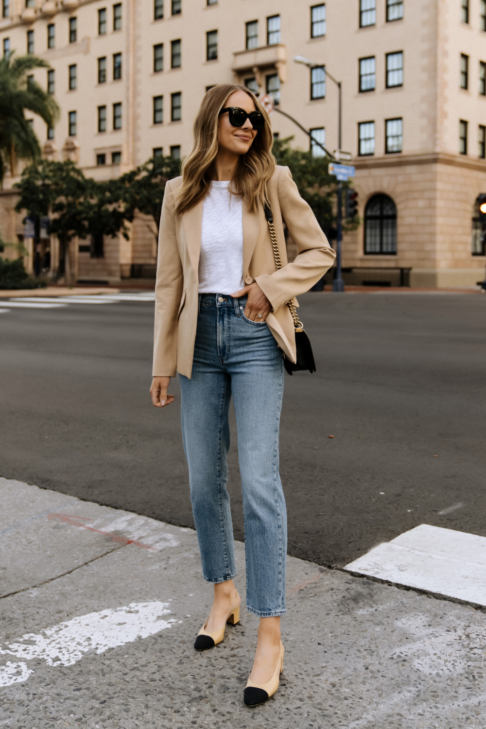 how to style a camel blazer outfit