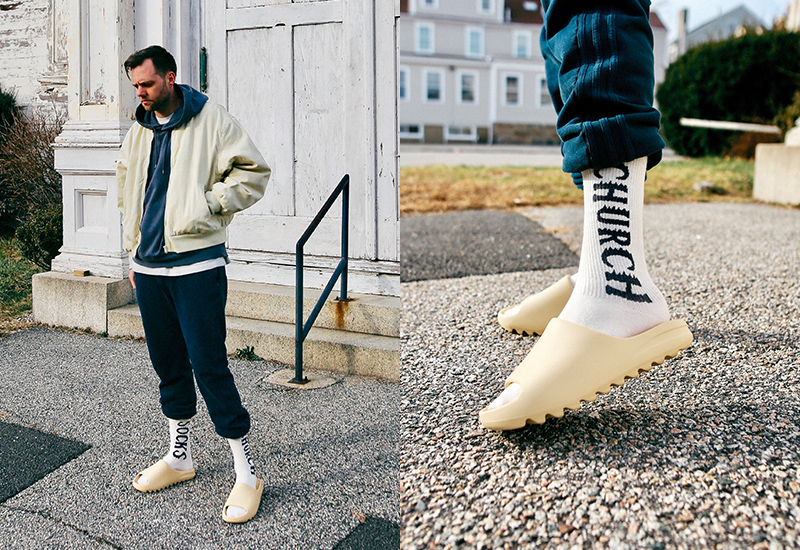 layering outfits with Yeezy slides