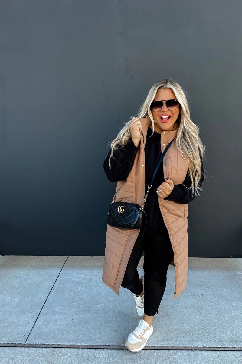 long puffer vest outfit ideas for layering