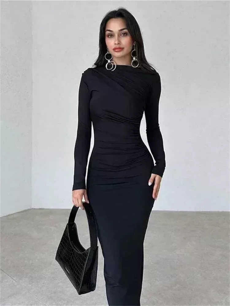 long sleeve black dress outfit ideas 0024