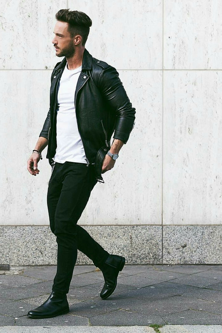 mens leather jacket outfit ideas 0068