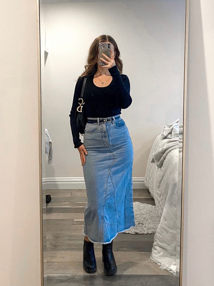 outfit ideas denim skirt