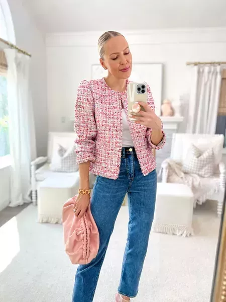 pink jacket outfit ideas