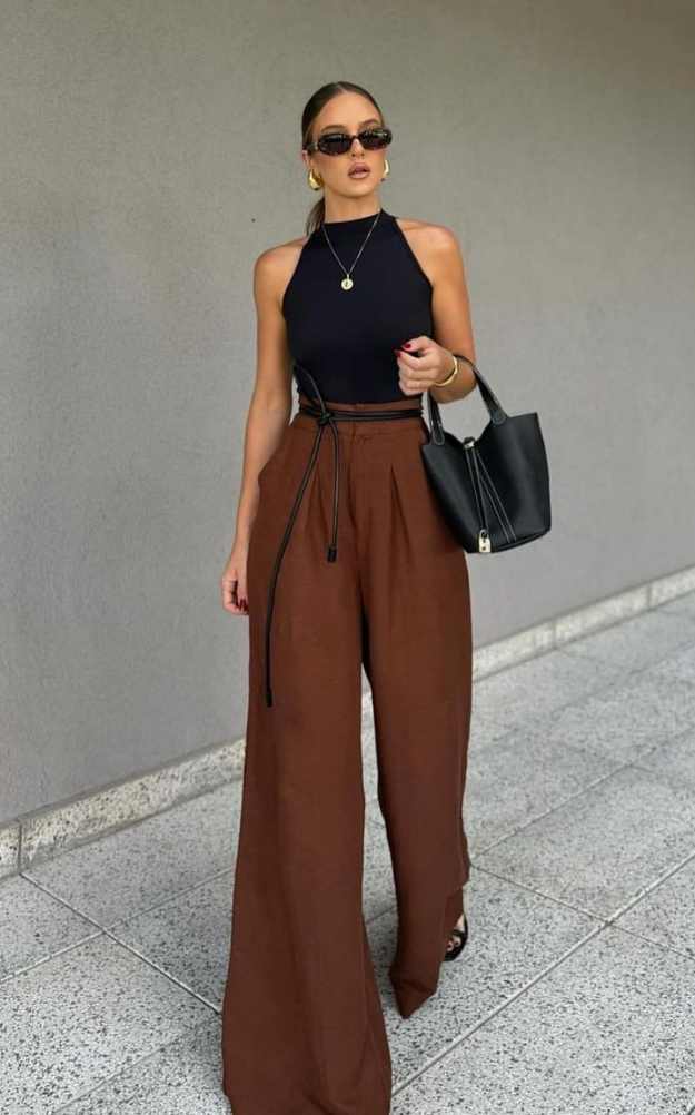 seasonal outfits using brown pants