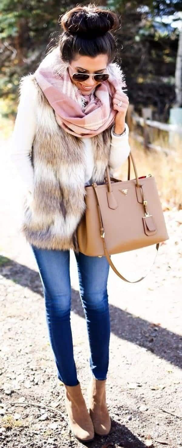 stylish combinations with a brown fur vest