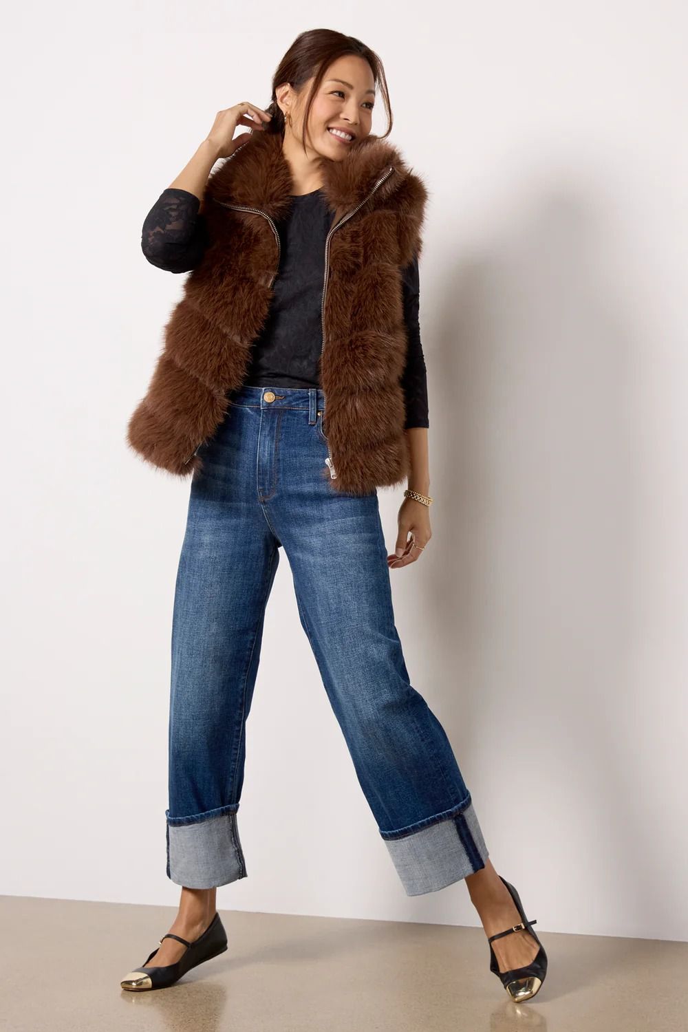 trendy color palettes for brown fur vest outfits