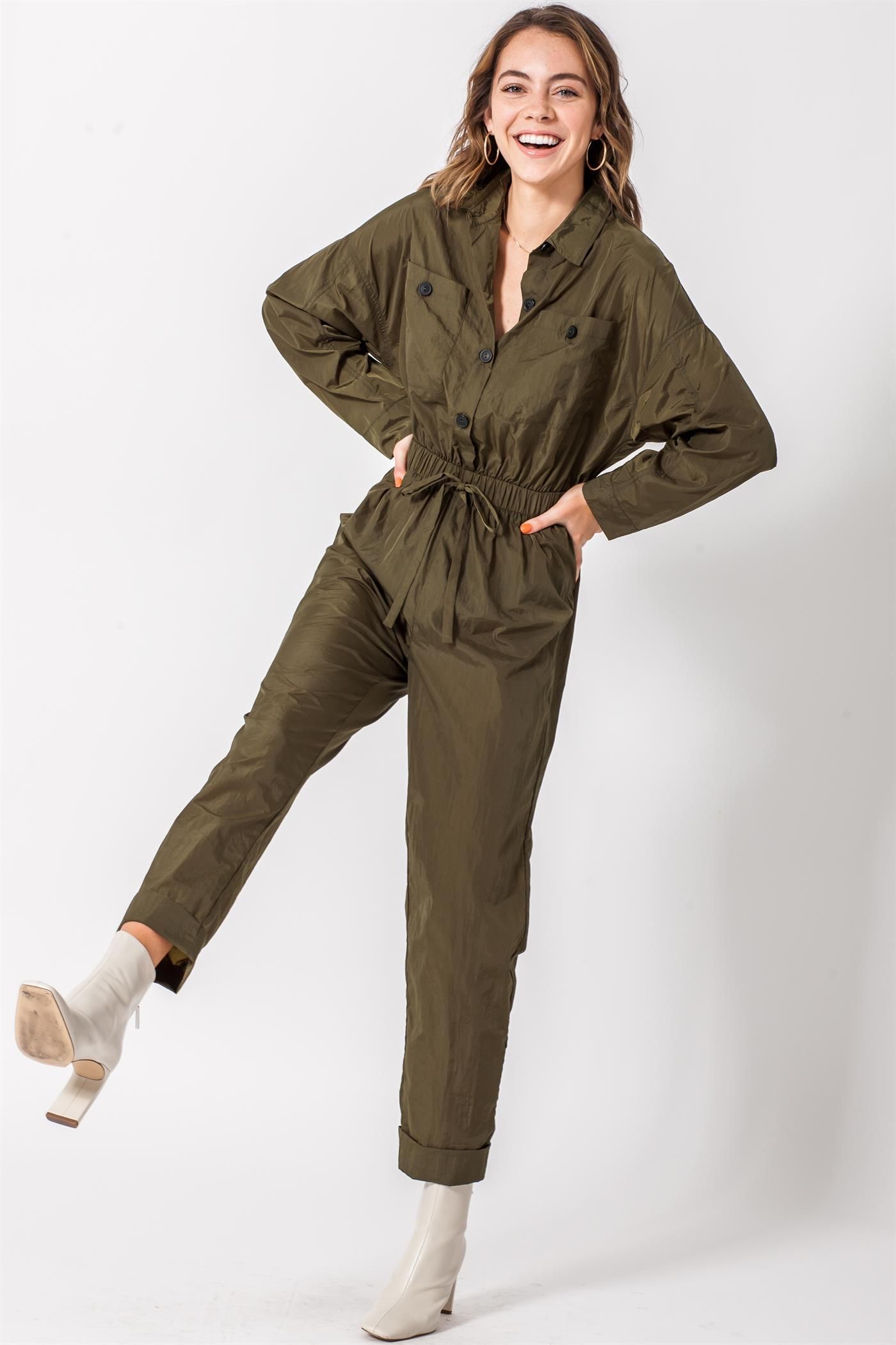 trendy outerwear for olive green jumpsuit outfit ideas