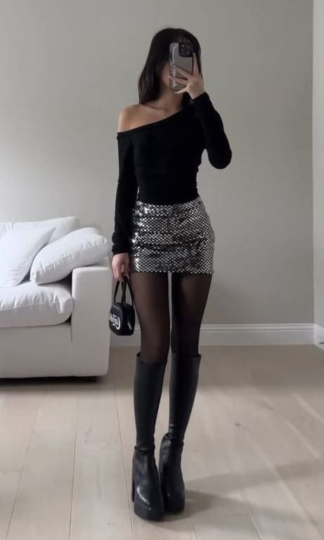 trendy outfits featuring a silver skirt