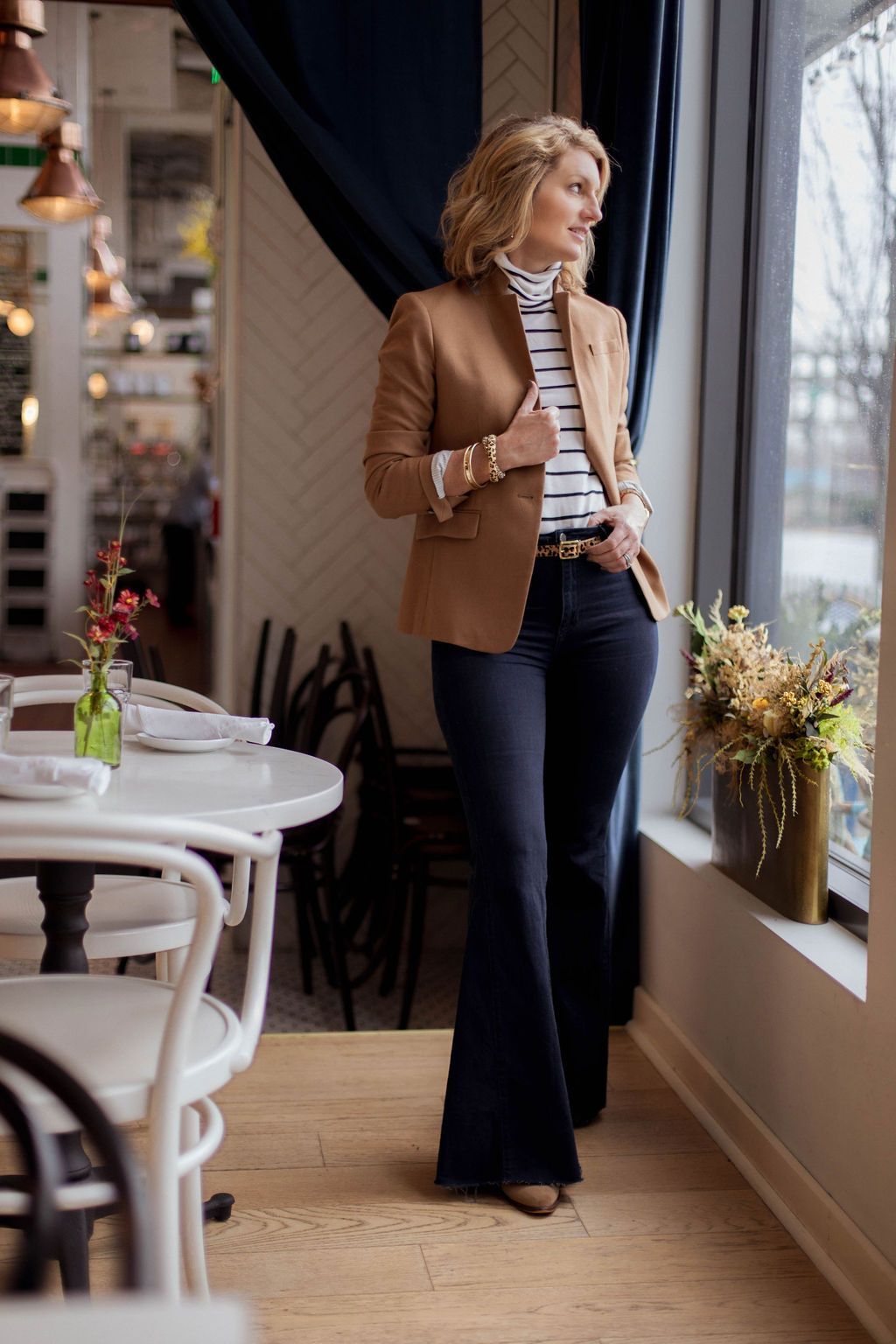 work-appropriate camel blazer outfit suggestions.